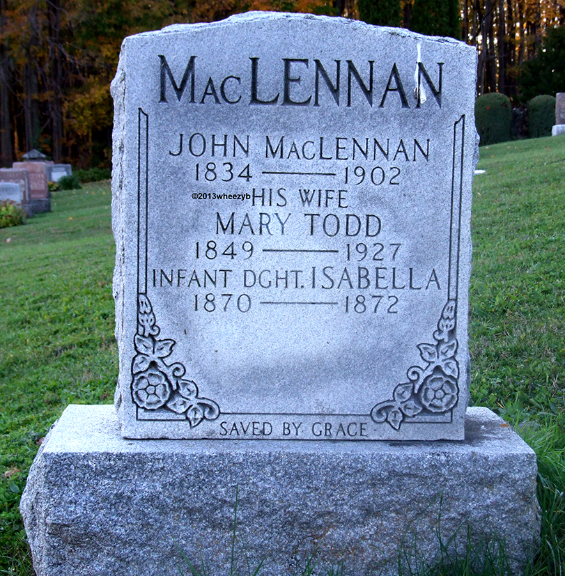 Photo of headstones/John MacLennan 1834-1902 hdstn Innisfil Sixth Line cem